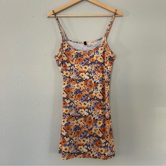 🦋 H&M Divided Orange Purple Floral Jersey Stretch Mini Dress Spaghetti Strap - Picture 1 of 6